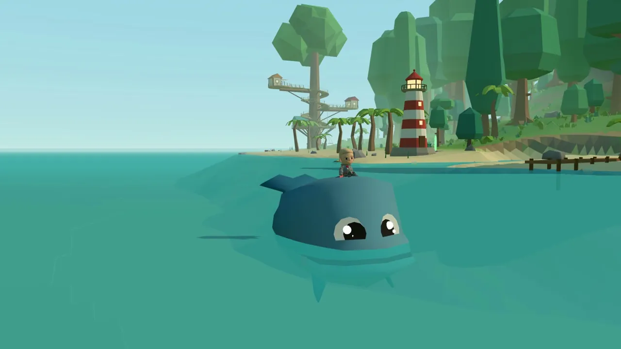 A child rides a whale around the island past the lighthouse and the treehouse.