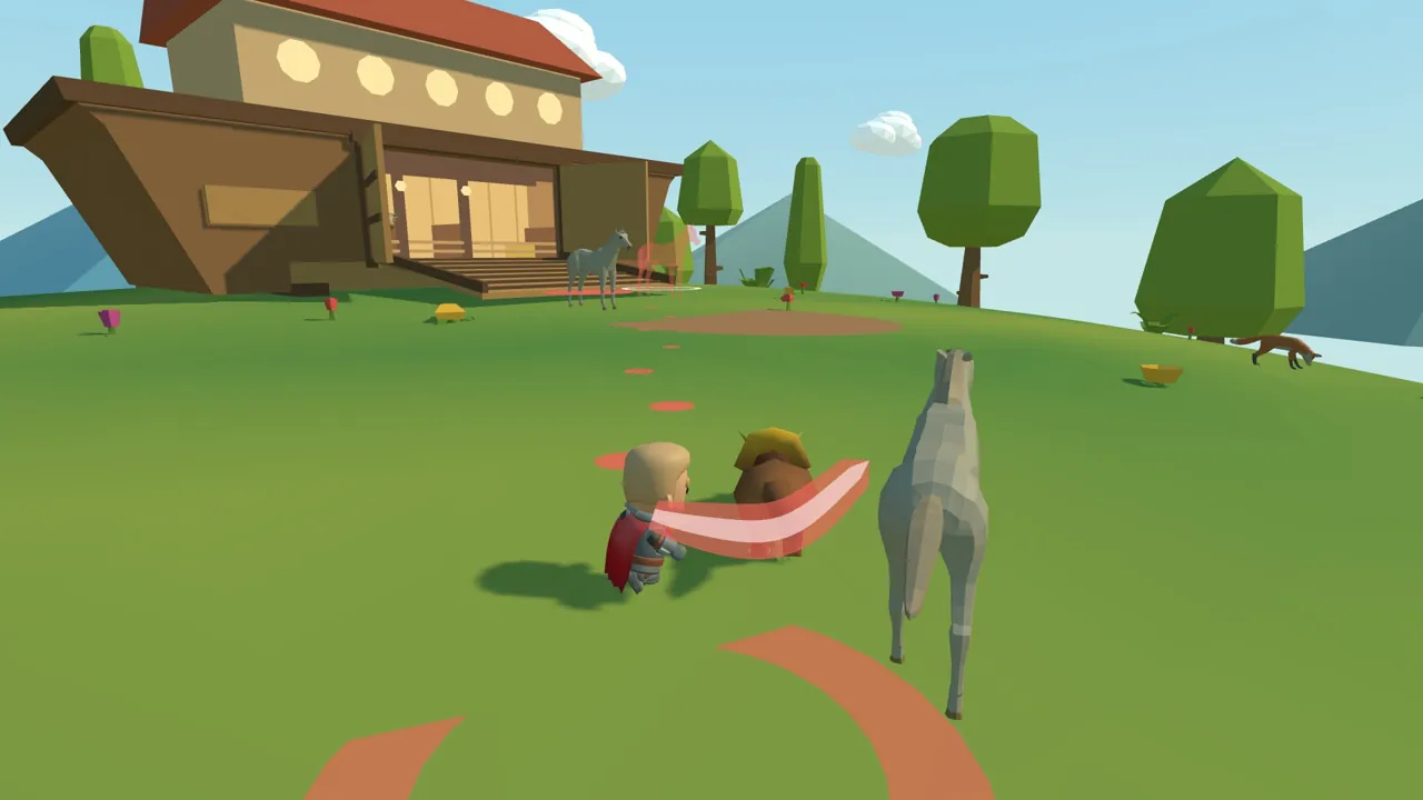 In Noah's story, a child leads a horse on a ribbon toward its twin beside the ark.