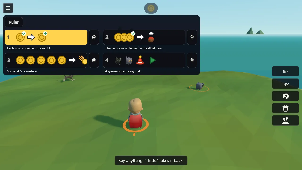 The game showing rule cards a player made by talking: every coin is a point, and when the score reaches five, a meteor falls.
