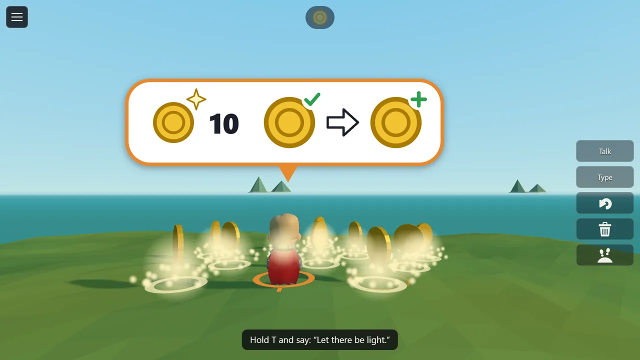 Ten gold coins appear round the player. The bubble shows ten coins and a rule: collect a coin, add a point.