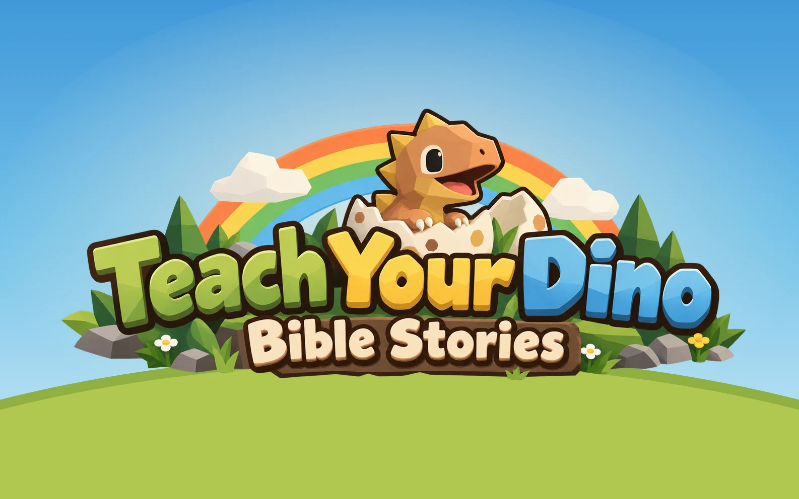 Teach Your Dino Bible Stories: a baby dinosaur hatching from an egg under a rainbow.
