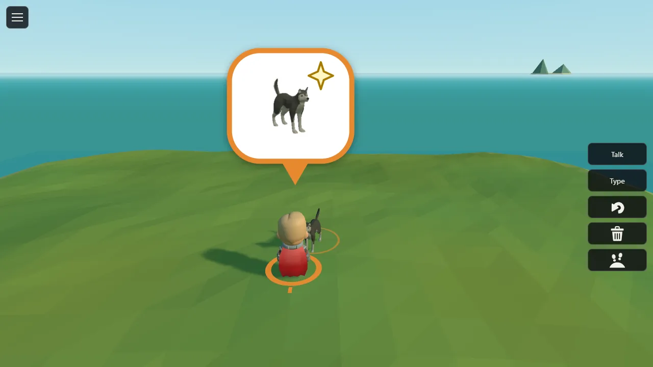 A child's character stands on a green island by the sea. A speech bubble shows a husky, and the husky trots at the character's side.