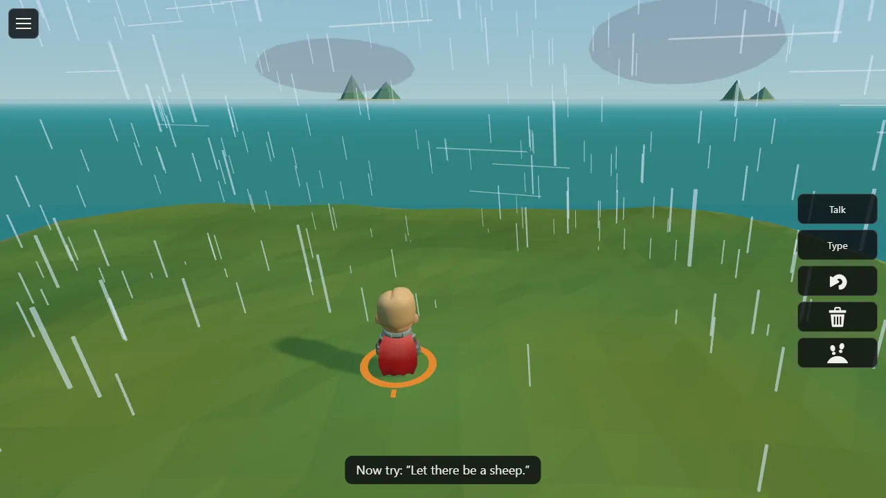 Rain pours over the island under grey clouds.